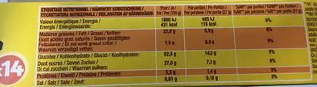 Savane Pocket x 14 Chocolat nutrition facts table