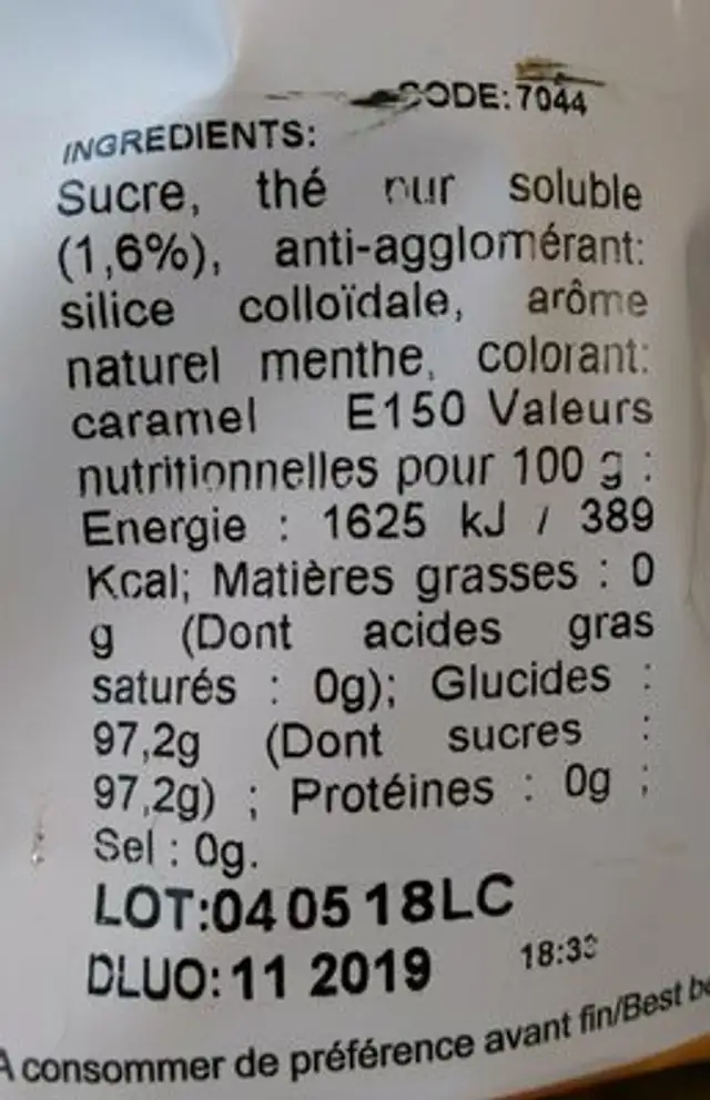 Top Cup - le gobelet magique - Thé à la menthe ingredients label