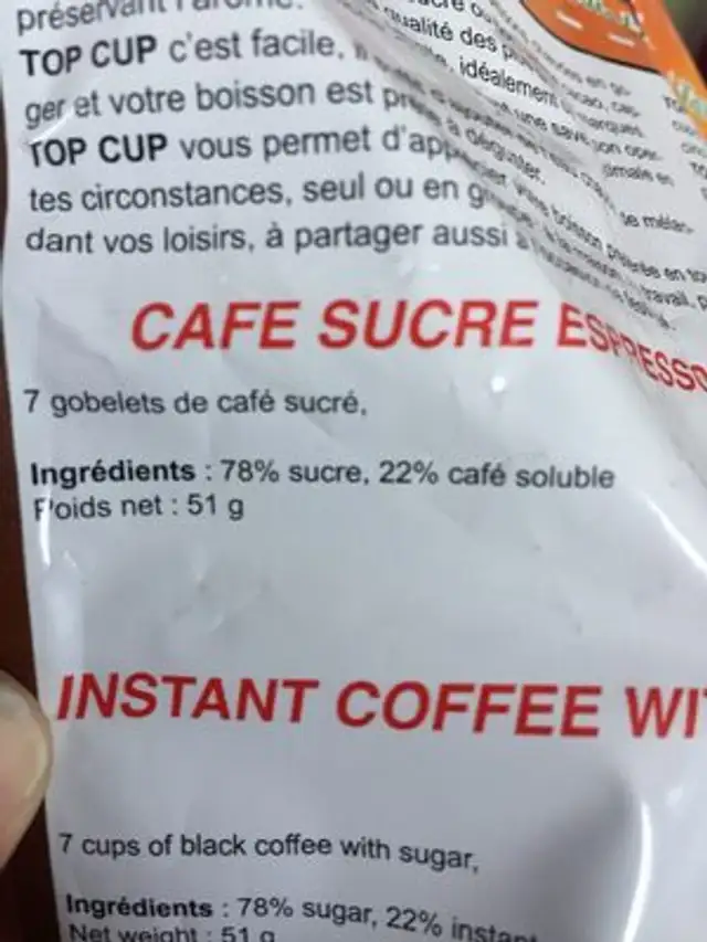 Cup espresso ingredients label