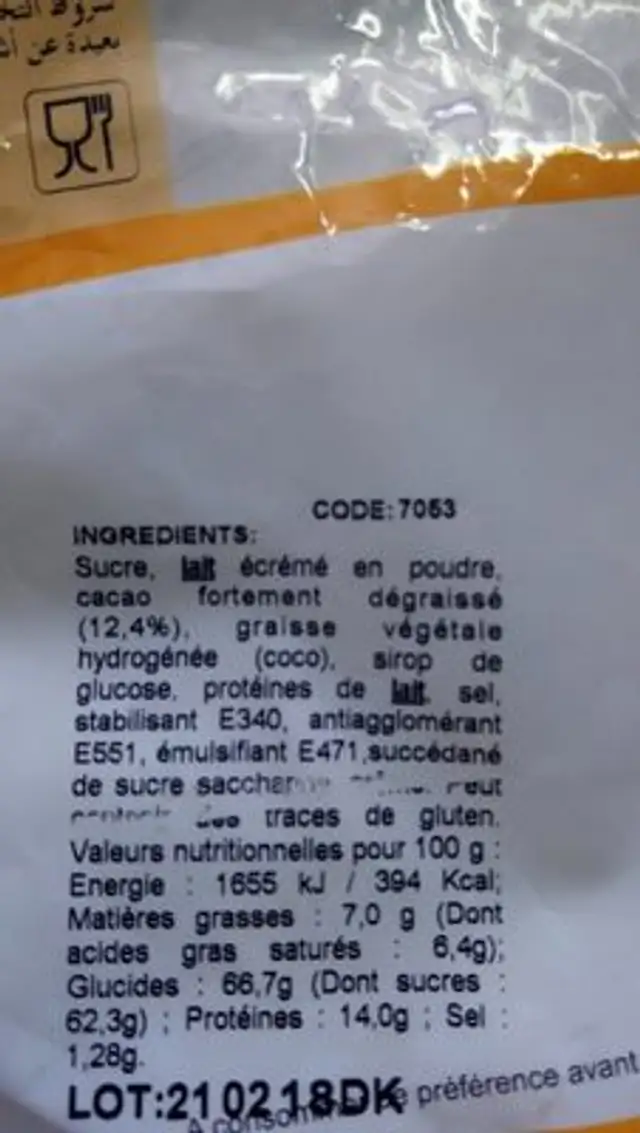 Chocolat Boisson Pré-dosée ingredients label
