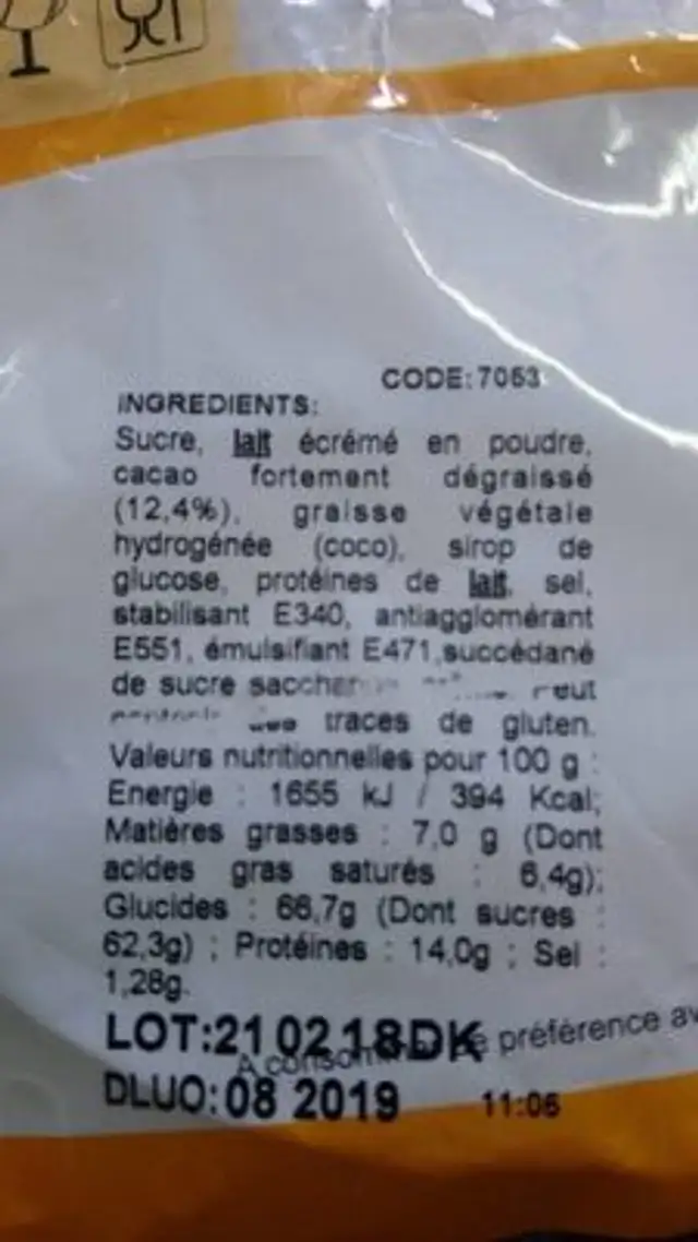 Chocolat Boisson Pré-dosée nutrition facts table