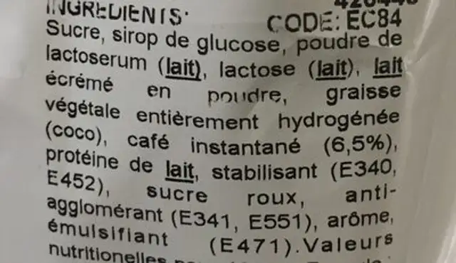 Cappuccino vanille ingredients label