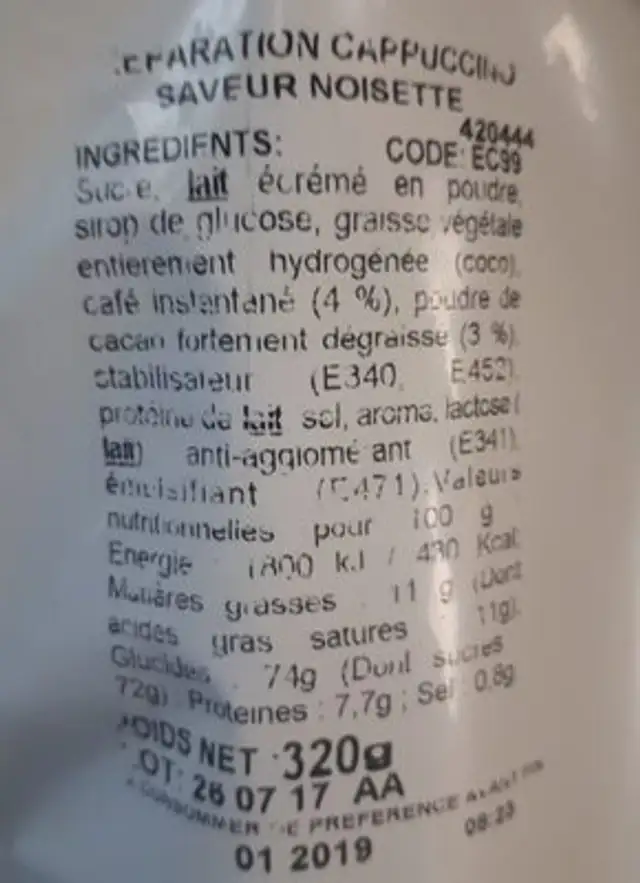 cappucino ingredients label