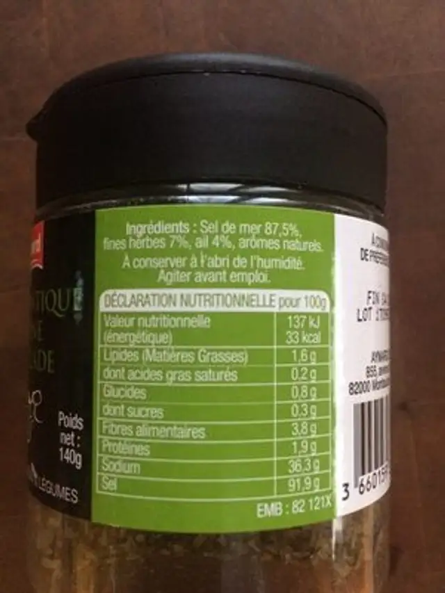 Sel aromatique cuisine & grillade ingredients label