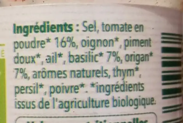 Assaisonnement bio pour pâtes et riz ingredients label