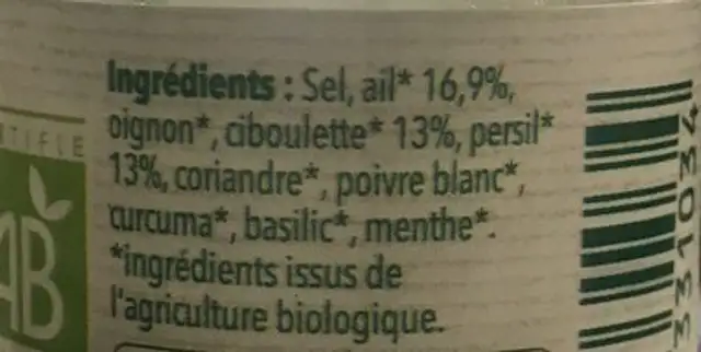 Assaisonnement bio pour salade ingredients label