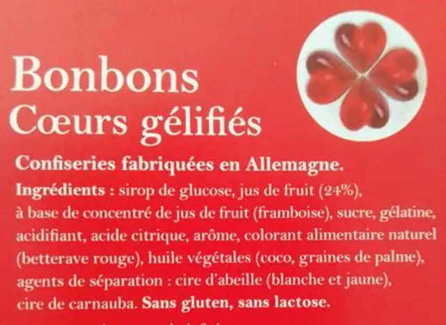 Bonbons cœurs gélifiés ingredients label