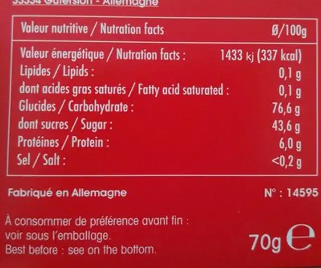 Bonbons cœurs gélifiés nutrition facts table