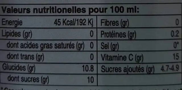 Concentré pour jus d'orange nutrition facts table