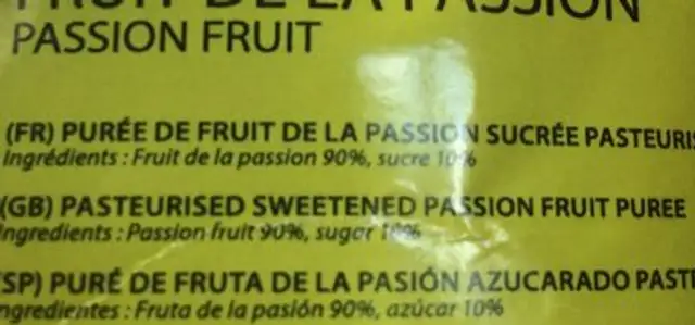 Starfruit Passionfruit Puree 90% ingredients label