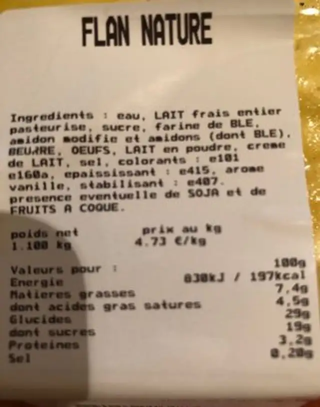 Flan Pâtissier 6 / 8 Parts ingredients label