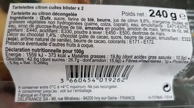 Tartelettes au citron les 2 pièces 200 Gr ingredients label