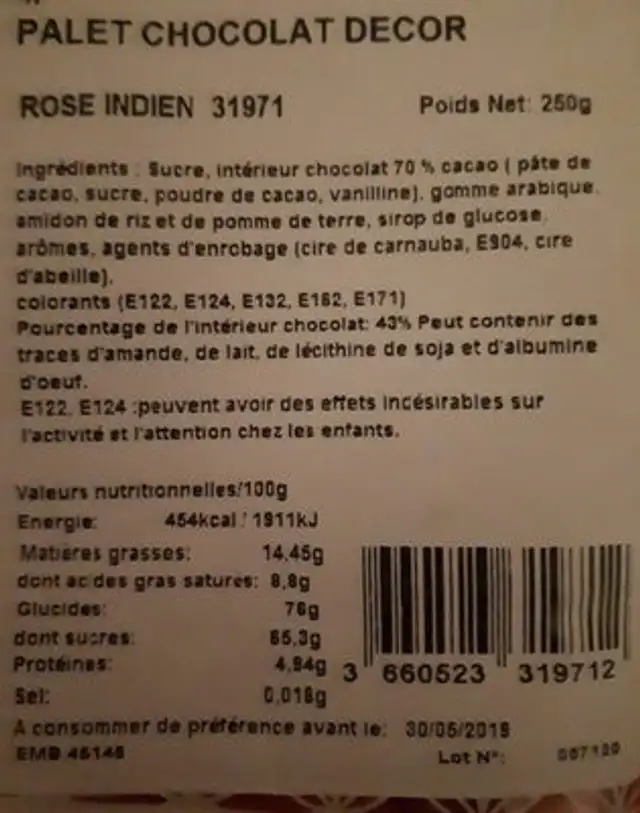 Palet chocolat décor ingredients label