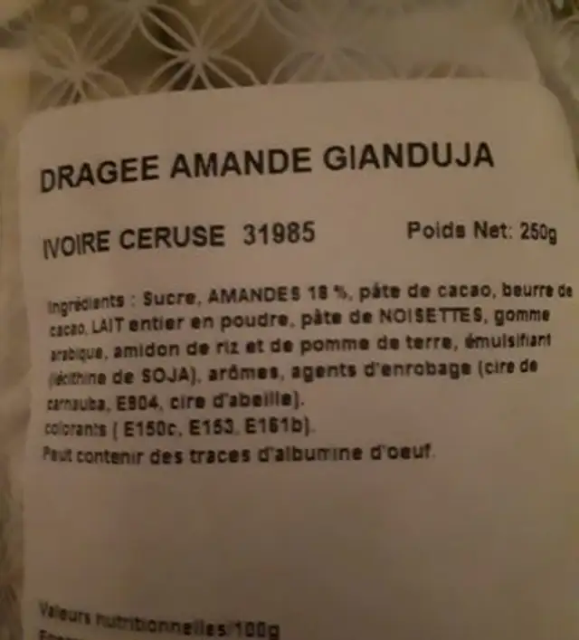 Dragées amandes gianduja ingredients label