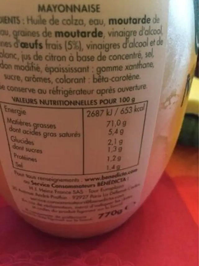 Mayo 770 g Bénédicta nutrition facts table