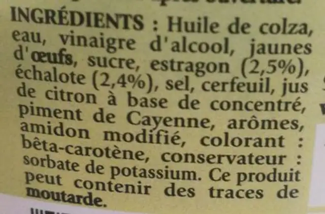 Sauce Béarnaise ingredients label