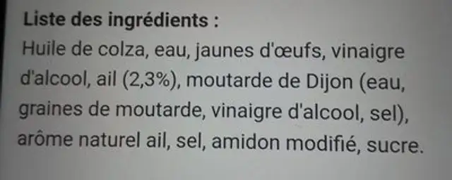 Aïoli - Sauce à l'ail ingredients label