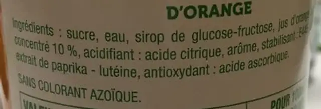 Sirop d'orange ingredients label