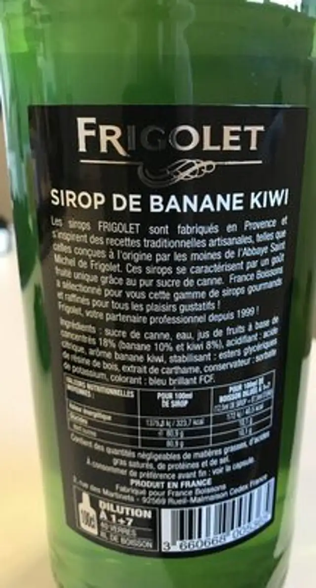 Sirop de banane kiwi ingredients label
