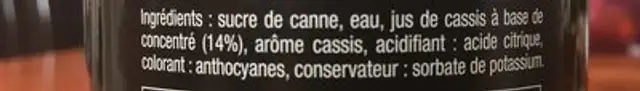 Cassis pur sucrede canne ingredients label