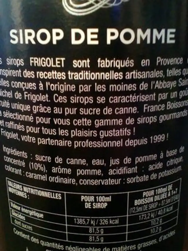 Sirop de Pomme ingredients label