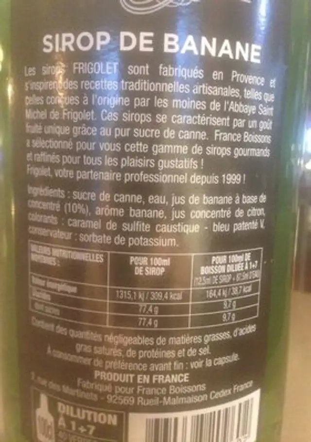 Sirop de banane ingredients label