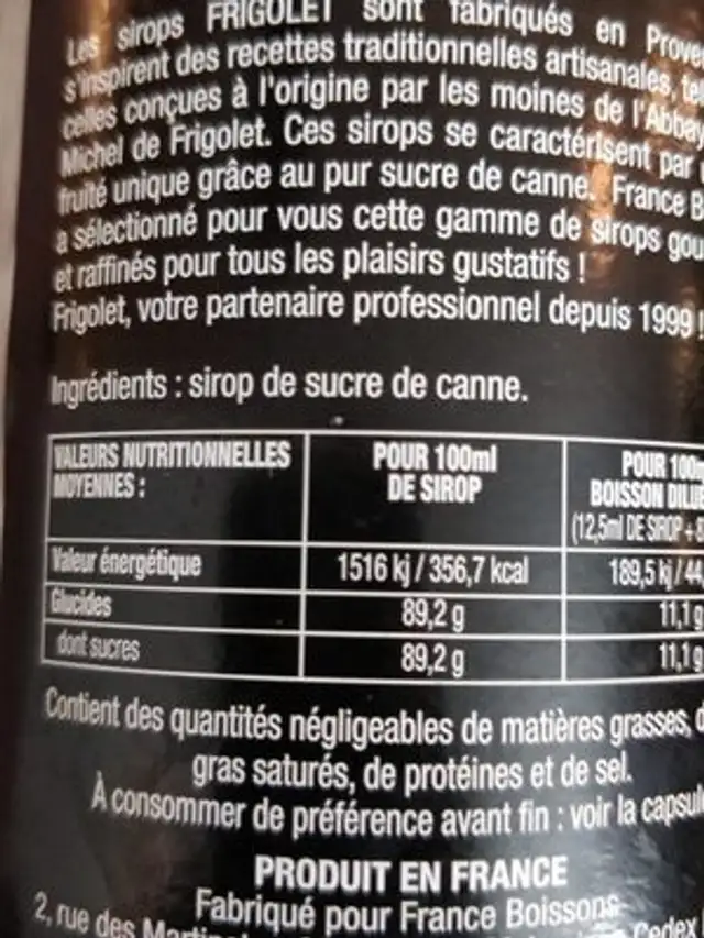 Sucre de canne ingredients label