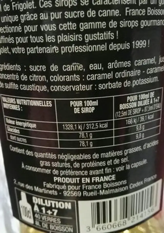 Sirop de caramel ingredients label