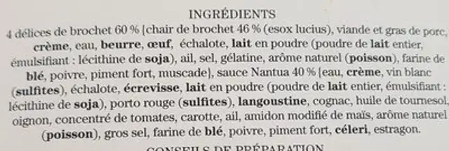 Délices de brochet sauce nantua ingredients label
