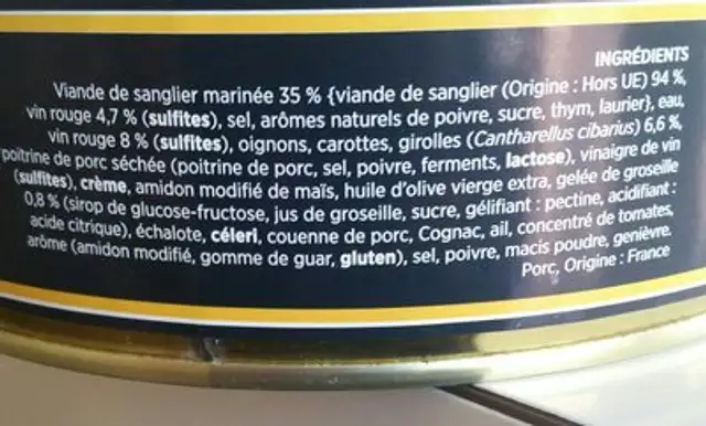 Civet de sanglier ingredients label