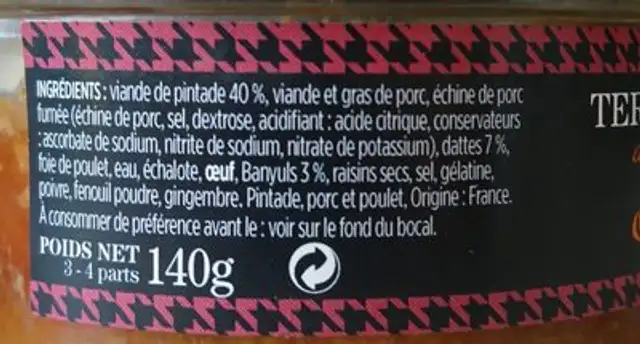 Terrine de pintade ingredients label