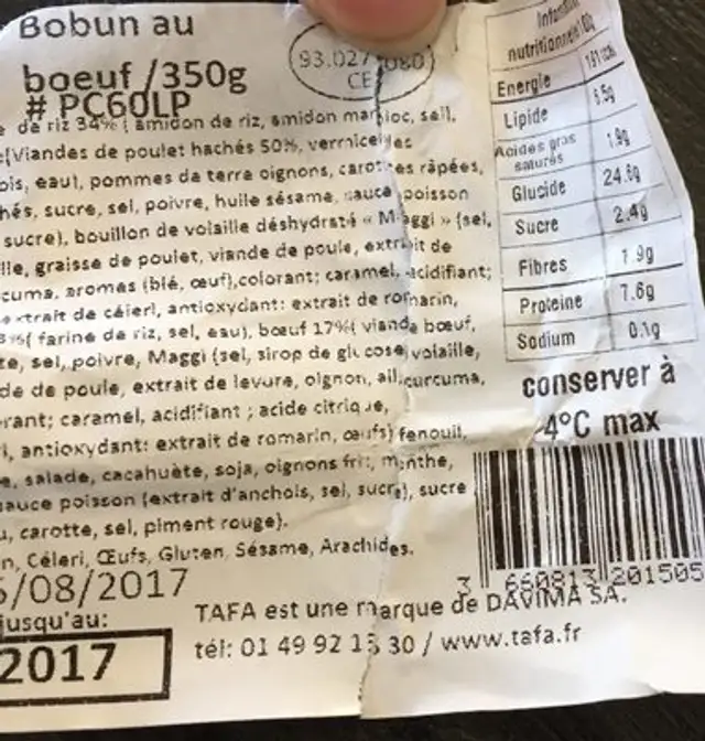 Bobun ingredients label