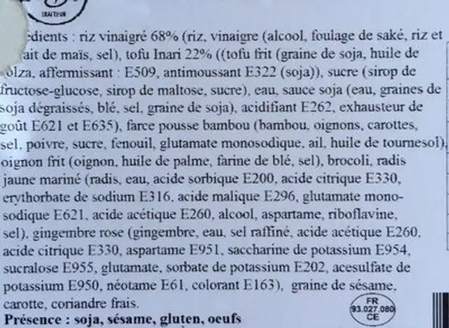 Bento Vegetarien ingredients label