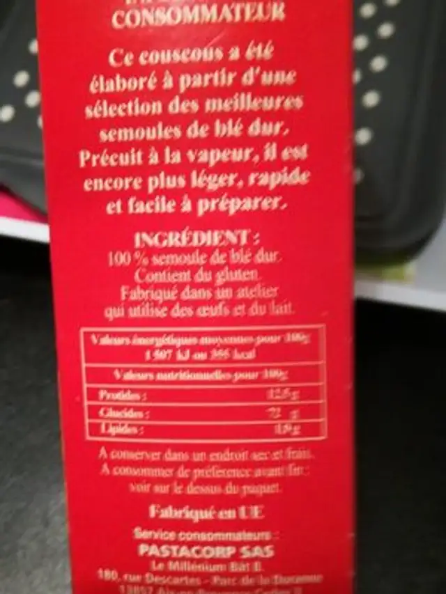 Couscous Grain Moyen 1K ingredients label