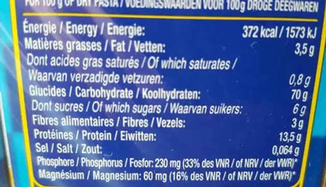 Torsettes ingredients label