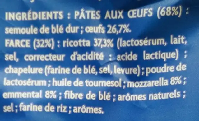 Ravioles 3 fromages ingredients label