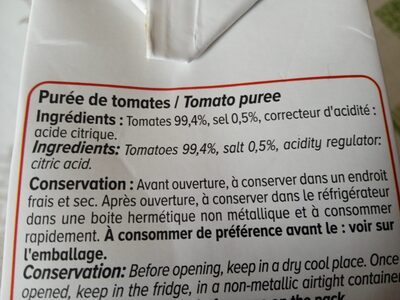 Purée de tomates ingredients label