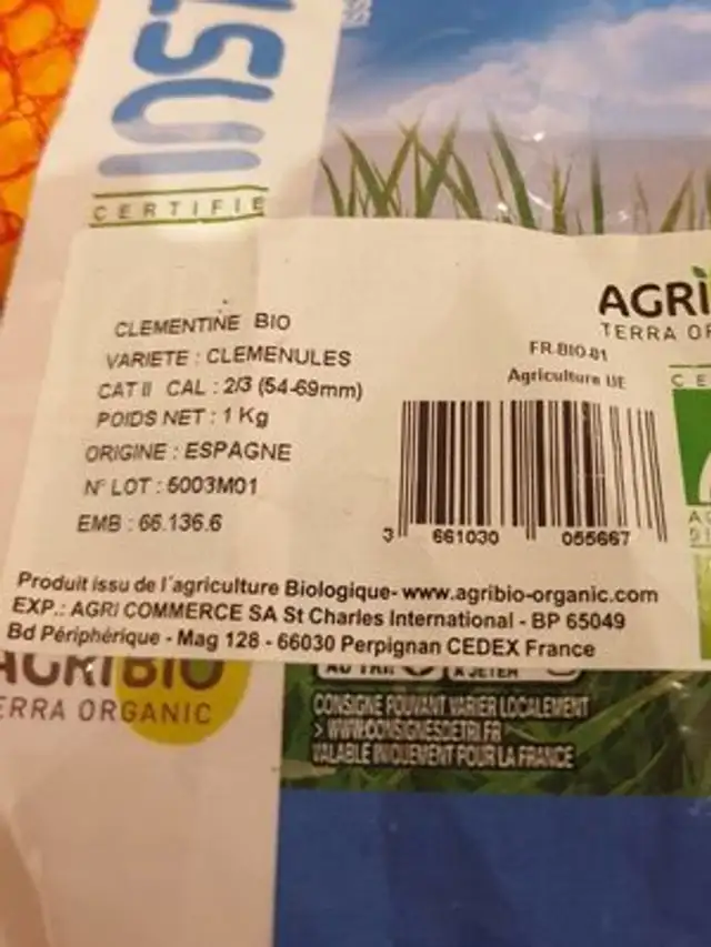 Clémentine Bio nutrition facts table