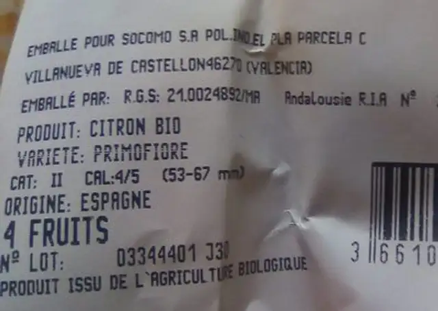Citron bio ingredients label