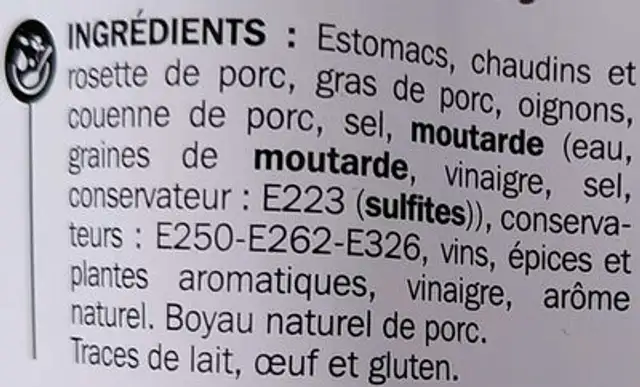 Andouillettes Nature ingredients label