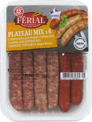 Plateau mix (2 chipolatas nature - 2 merguez - 2 chipolatas aux herbes)