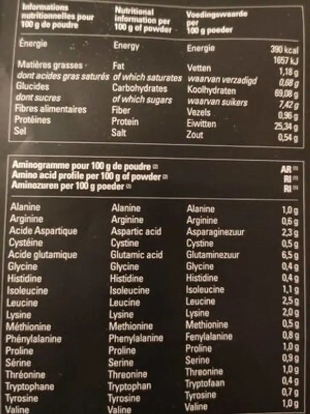 Gainer native nutrition facts table