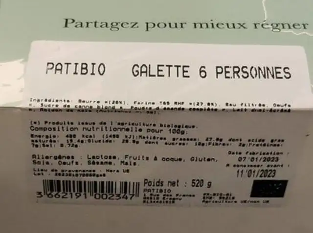 PATIBIO GALETTE 6 PERSONNES nutrition facts table
