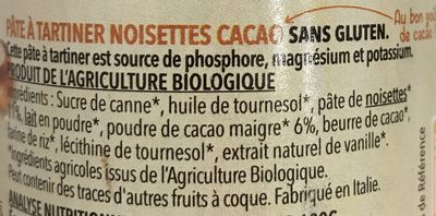Pâte à tartiner noisettes cacao ingredients label