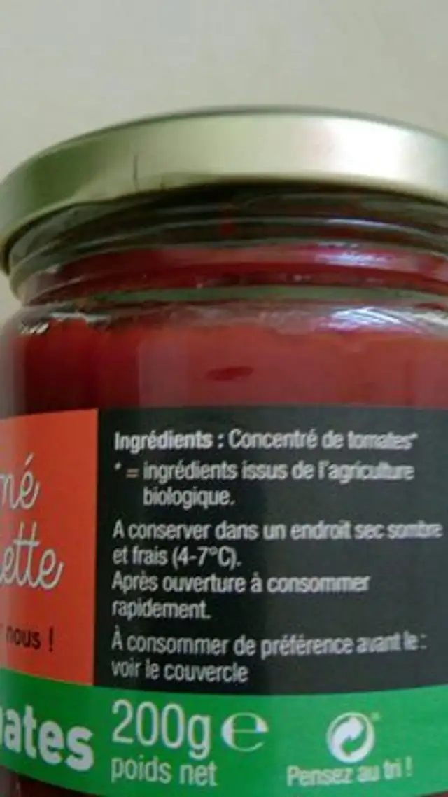 Concentré de tomates ingredients label