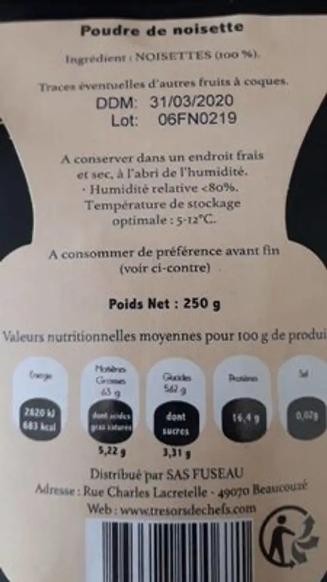 Noisettes en poudre nutrition facts table