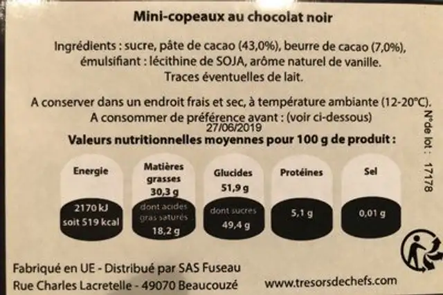 Décor chocolat noir ingredients label