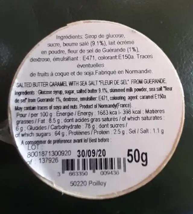 Caramels au beurre salé fabriqués en Normandie nutrition facts table