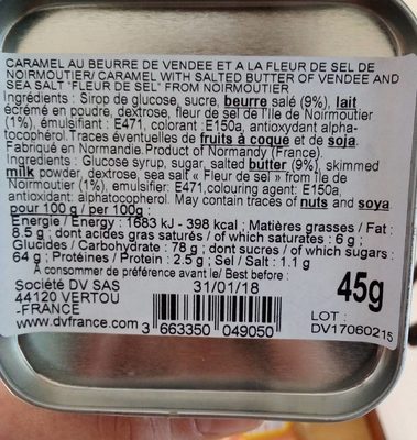 Carmel mou de Vendée ingredients label