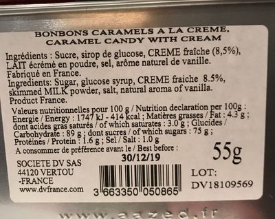 Bonbons caramels ingredients label